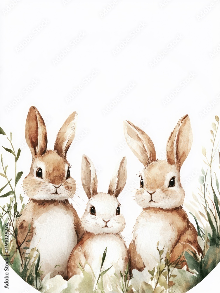 Whimsical Watercolor Rabbits Surrounded by Soft Greenery - Ideal for Minimalist Easter and Chinese New Year Celebrations Whimsical Watercolor Rabbits Surrounded by Soft Greenery - Ideal for Minimalist Easter and Chinese New Year Celebrations