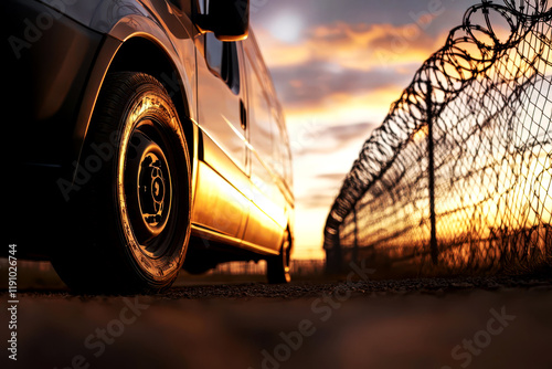 A prison transport van arriving at the facility, representing the transfer and movement of inmates between jails