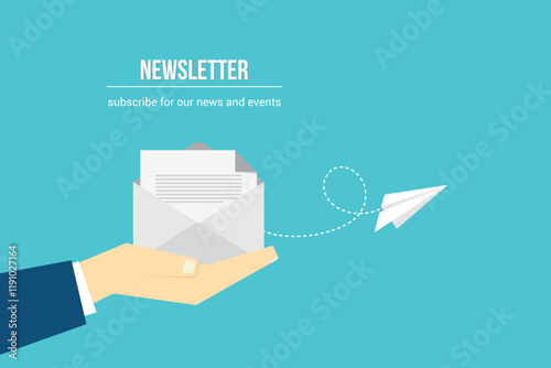 Newsletter. vector illustration of email marketing. subscription to newsletter, news, offers, promotions. a letter and envelope. subscribe, submit. send by mail.	