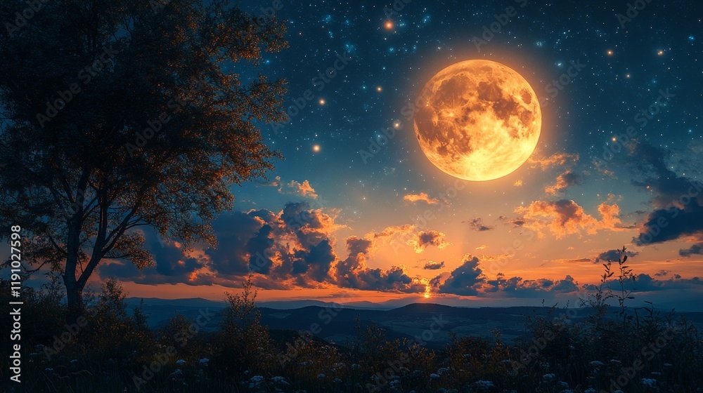 Full Moon and Starry Sky. Generative AI Full Moon and Starry Sky. Generative AI