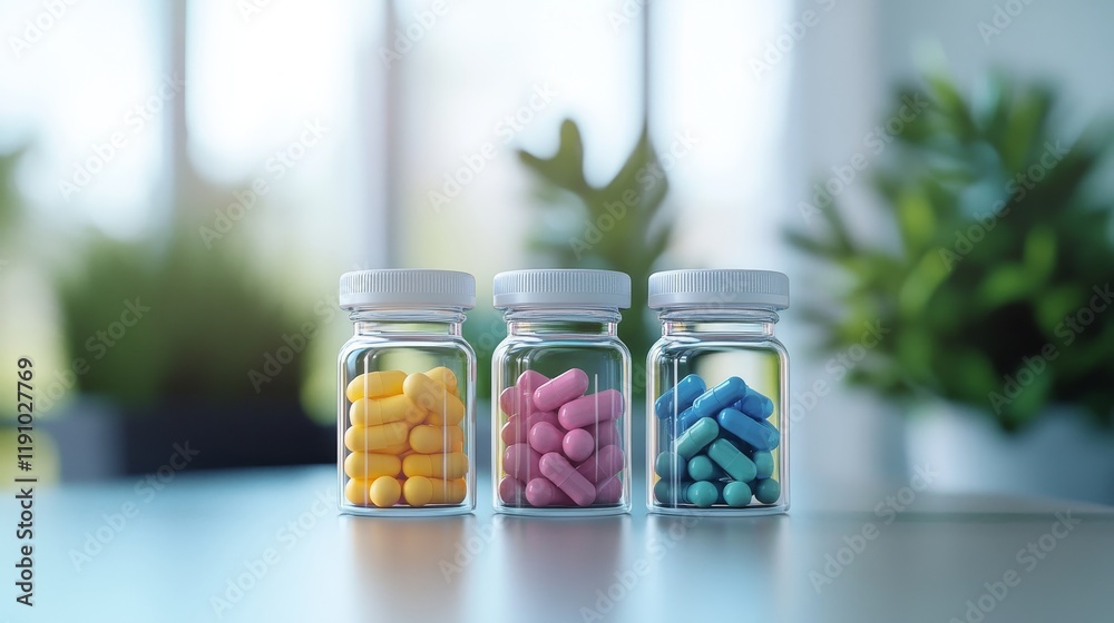 Plastic bottles with colorful pills Plastic bottles with colorful pills