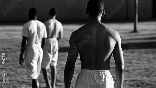 Group of inmates participating in a rehabilitation program in the prison yard, showing efforts toward reintegration photo