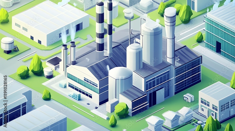 Isometric illustration of an industrial complex with buildings, chimneys, and surrounding infrastructure. Isometric illustration of an industrial complex with buildings, chimneys, and surrounding infrastructure.