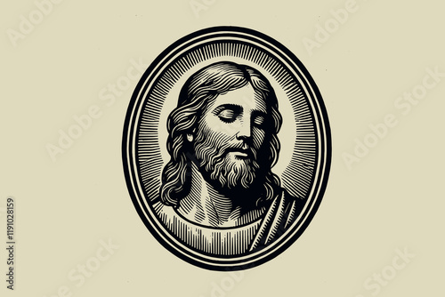 Jesus oval emblem in antique black-and-white engraving style vector