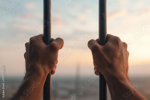 Hands gripping prison cell bars with a distant view of a jail facility, symbolizing imprisonment and loss of freedom photo