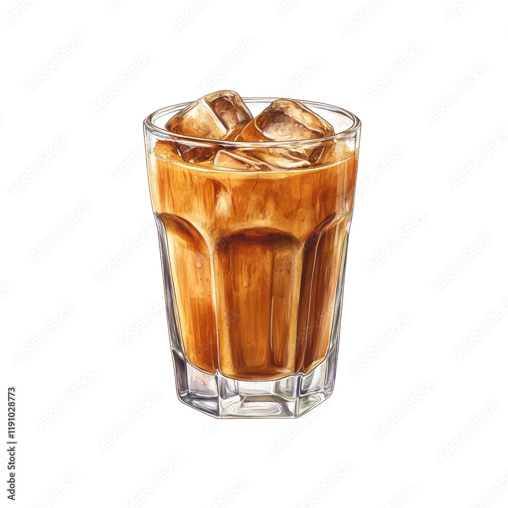 Iced Coffee in a Glass with Ice Cubes - Hand-Drawn Illustration Iced Coffee in a Glass with Ice Cubes - Hand-Drawn Illustration