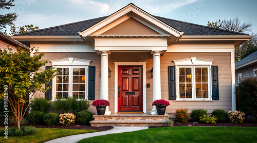 Luxury Dream Home Exterior: Modern Architectural Design with Landscaped Garden and Red Door photo