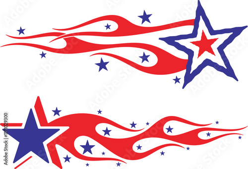 Vector Flames and Stars vehicle decal designs in American-inspired style. Ready-to-cut graphics, great for car and sport vehicle wraps, celebration and holiday designs in national colors.