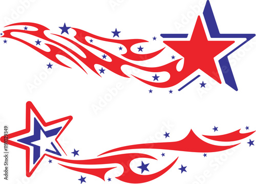 Vector Flames and Stars vehicle decal designs in American-inspired style. Ready-to-cut graphics, great for car and sport vehicle wraps, celebration and holiday designs in national colors. photo