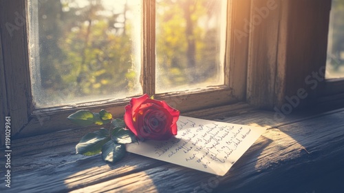 Romantic still life with red rose and heartfelt letter on windowsill illuminated by soft sunlight for Valentine Day