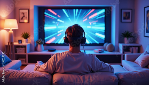 User enjoying immersive VR experience in modern home, entertainment escape