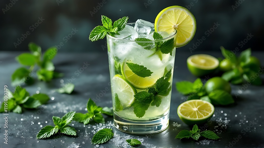 Mojito cocktail: ice, lime, mint Mojito cocktail: ice, lime, mint
