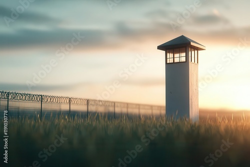 Prison watchtower overlooking an expansive yard, illustrating the surveillance and security in a large jail facility