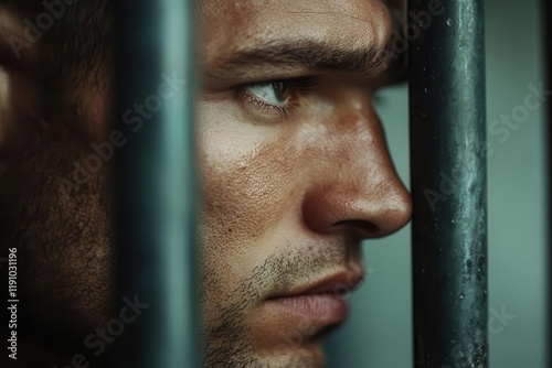 Prisoner gazing through cell bars at the prison courtyard, symbolizing captivity and the desire for freedom photo