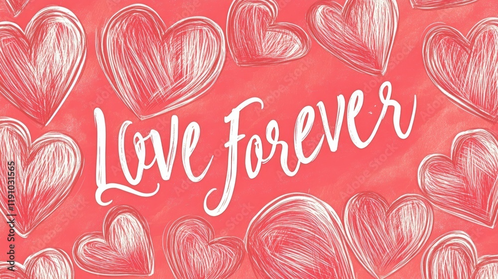 Naklejka premium Valentine Day artwork featuring hand drawn hearts and love forever inscription on a vibrant red background symbolizing romance and affection