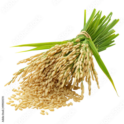 Fresh rice spike with dewdrops glistening on transparent png background
