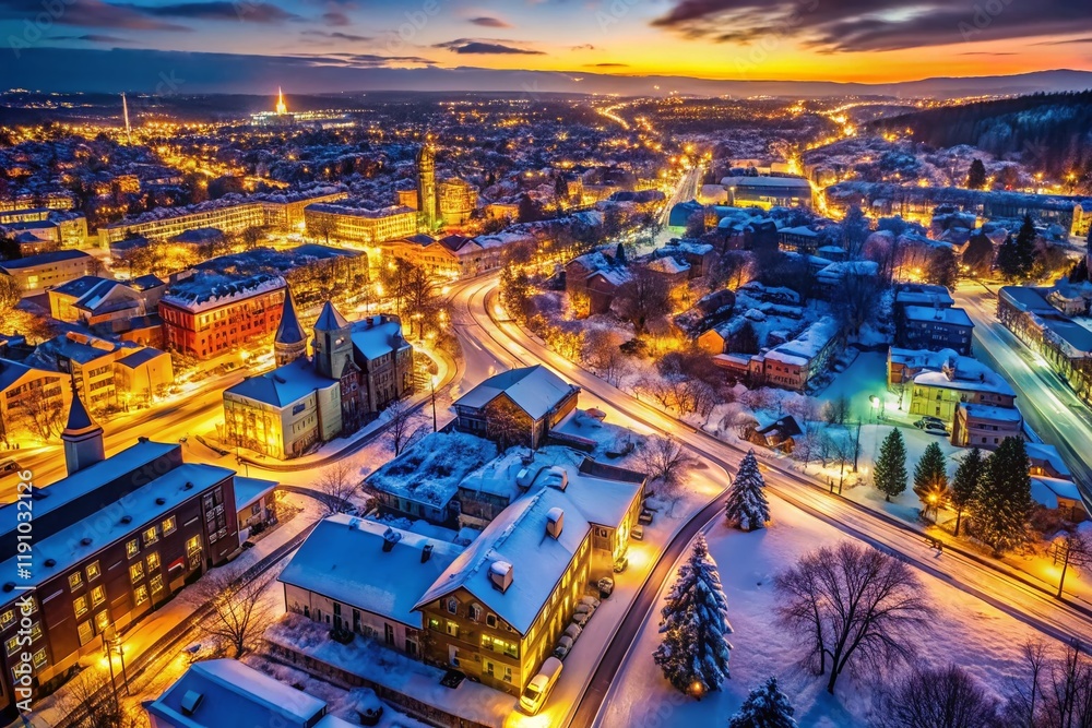 Silhouetted Cityscape at Winter Dusk, Illuminated Buildings, Snowy Night Silhouetted Cityscape at Winter Dusk, Illuminated Buildings, Snowy Night
