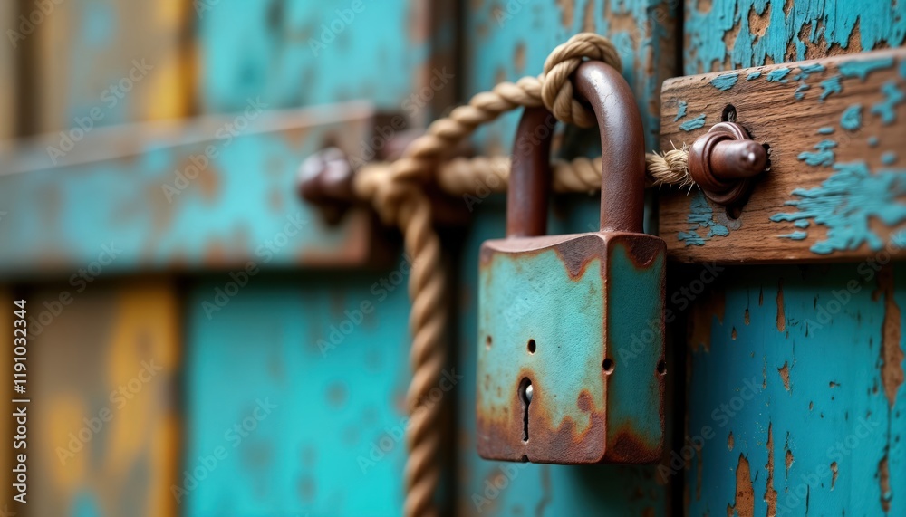 Aged teal metal lock secures rustic wooden surface. Antique lock on weathered door. Vintage hardware on worn wooden surface. Design element, security detail. Aged look, feel. Possible home decor Aged teal metal lock secures rustic wooden surface. Antique lock on weathered door. Vintage hardware on worn wooden surface. Design element, security detail. Aged look, feel. Possible home decor