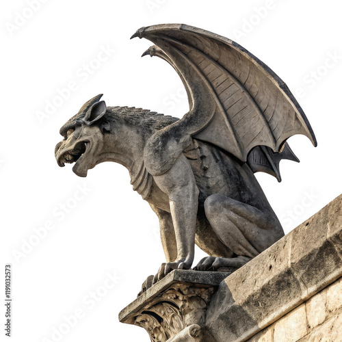 Stone Gargoyle Sculpture with Outstretched Wings on Architectural Structure