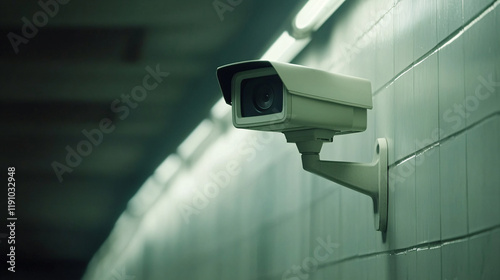 A security camera mounted on a wall in a dimly lit corridor, monitoring the area for surveillance purposes.