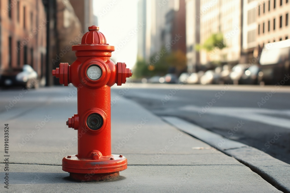 Prominent red fire hydrant situated on a city sidewalk, featuring a cylindrical shape with multiple outlets and a domed top, set against a background of urban buildings and a slightly blurred city str Prominent red fire hydrant situated on a city sidewalk, featuring a cylindrical shape with multiple outlets and a domed top, set against a background of urban buildings and a slightly blurred city str