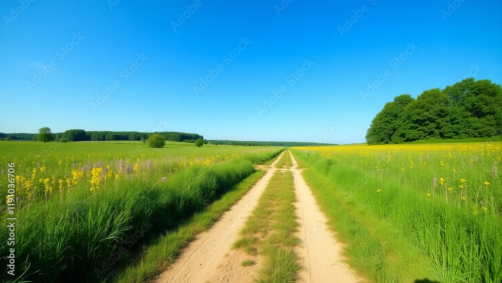A peaceful dirt road stretches through a vibrant green landscape, with wildflowers lining the path under a clear blue sky. Ideal for nature, travel, and rural lifestyle themes. A peaceful dirt road stretches through a vibrant green landscape, with wildflowers lining the path under a clear blue sky. Ideal for nature, travel, and rural lifestyle themes.