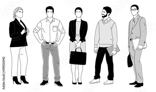 Set of different business people standing full length line art drawing. Group of men and women in formal suits. Team work concept. Hand drawn vector sketch illustrations
