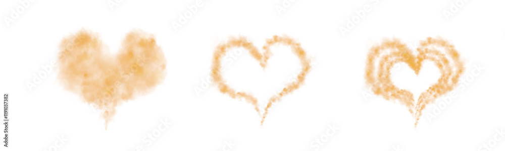 A set of different smoky orange fluffy heart shaped cloud on transparent background. Romantic golden translucent smoke floating in the shape of a heart. PNG. A set of different smoky orange fluffy heart shaped cloud on transparent background. Romantic golden translucent smoke floating in the shape of a heart. PNG.