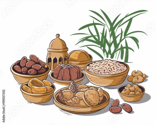 Festive Middle Eastern food arrangement with dates and pastries photo