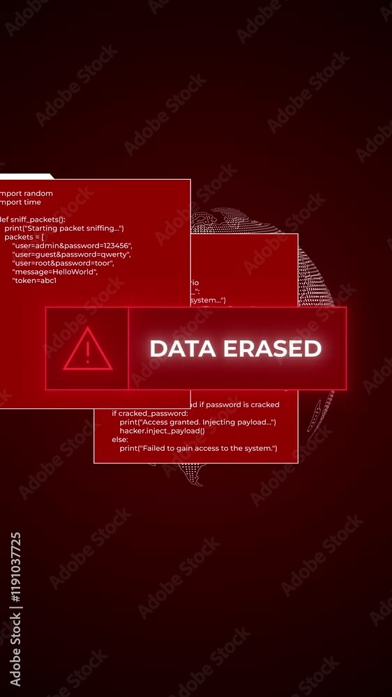 Vertical CGI template of red warning message on smartphone screen, boxes with malware code popping up, during successful hacker or ransomware attack with data destruction. Spinning globe on background