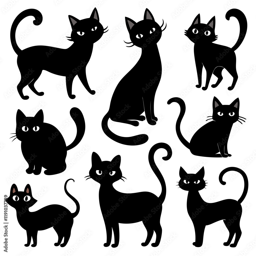 Collection of simple black cat silhouettes in various playful poses Collection of simple black cat silhouettes in various playful poses