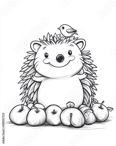 Happy Hedgehog with Bird and Apples