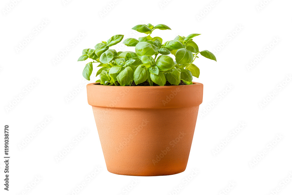 Isolated fresh basil with green leaves growing in rustic terracotta pot against transparent background. Perfect for sustainable gardening, culinary projects, sustainable food or kitchen decor ideas Isolated fresh basil with green leaves growing in rustic terracotta pot against transparent background. Perfect for sustainable gardening, culinary projects, sustainable food or kitchen decor ideas
