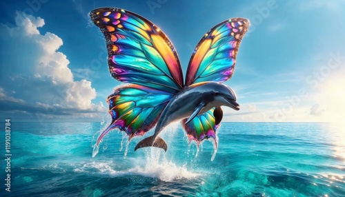 Dolphin with vibrant butterfly wings leaping out of the ocean photo