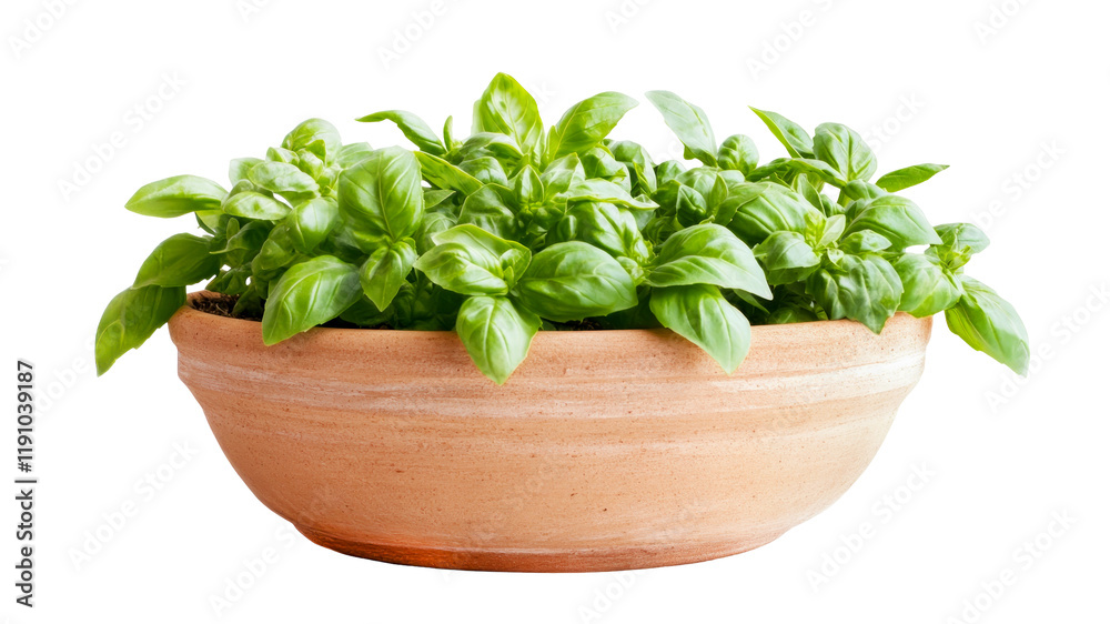 Isolated fresh basil with green leaves growing in wide rustic terracotta pot against transparent background. Perfect for sustainable gardening, culinary projects, healthy food or kitchen decor ideas Isolated fresh basil with green leaves growing in wide rustic terracotta pot against transparent background. Perfect for sustainable gardening, culinary projects, healthy food or kitchen decor ideas