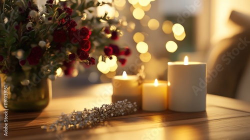 Elegant Gift Ideas Display with Candles and Flowers, Artistic Home Decor Concept photo