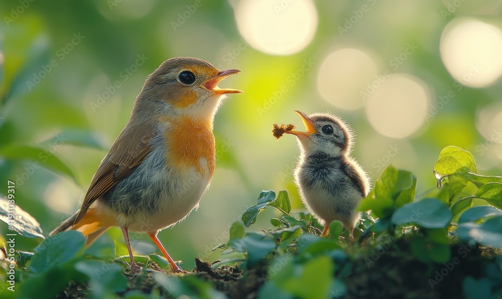 Obraz premium Bird feeding hungry baby bird, green background.
