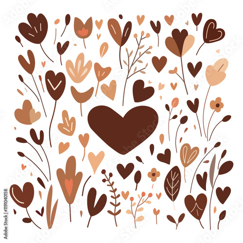 Set of abstract hearts, flowers and leaves, colored, Valentine's day,
