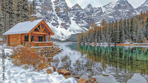 Cozy Snow-Covered Cabin by a Reflective Mountain Lake.. photo