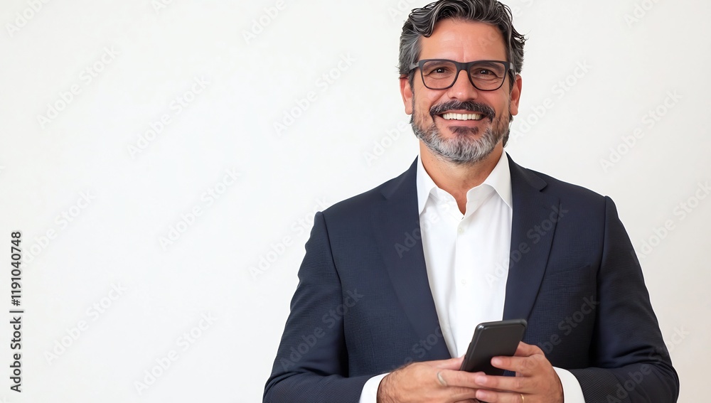 Smiling businessman holding phone, white background.  Portrait for business, website, or advertising