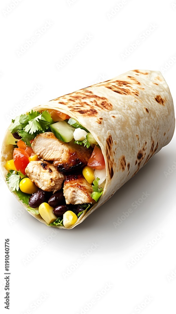 Chicken kebab in tortilla wrap with vegetables and olives Chicken kebab in tortilla wrap with vegetables and olives