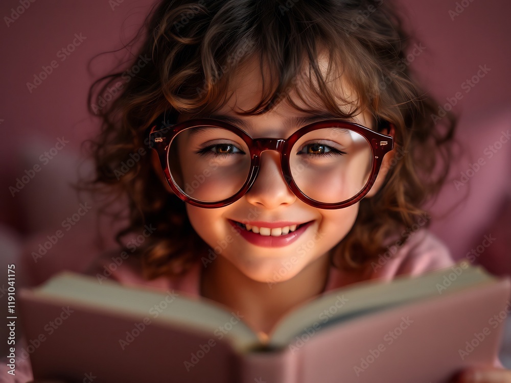 Happy Child Reading Book with Big Glasses, Joyful Expression, Cozy Vibe