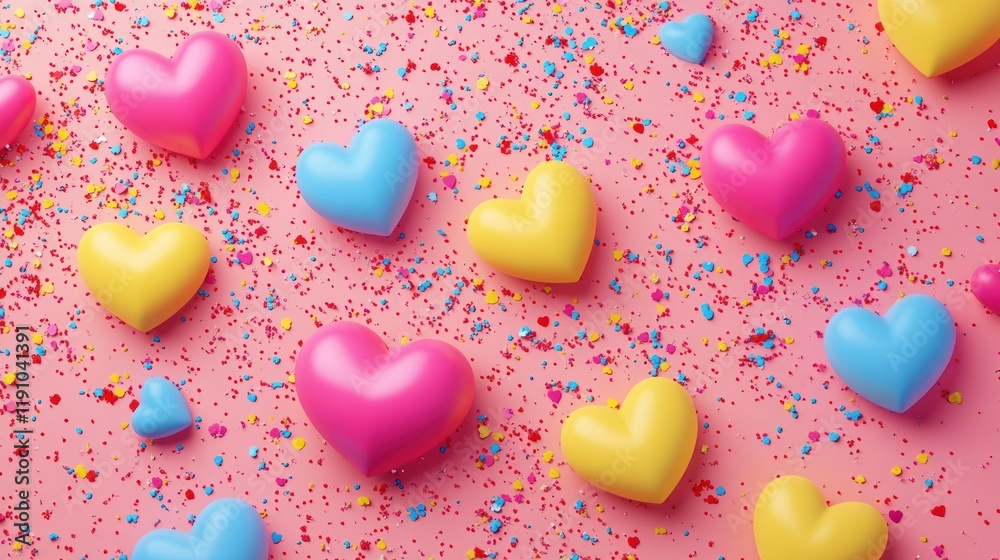 Obraz premium Vibrant assortment of colorful hearts and sprinkles on pink background for a joyful Valentine Day celebration