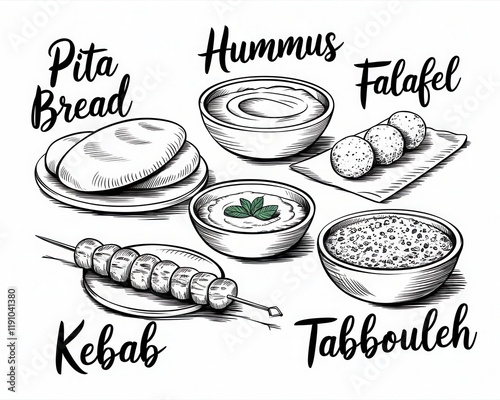 Delicious Middle Eastern Food Illustration Featuring Kebab And Hummus