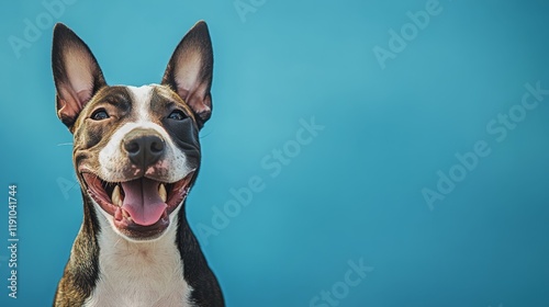 Playful Bull Terrier with Wind-Blown Fur on Vibrant Blue Background
