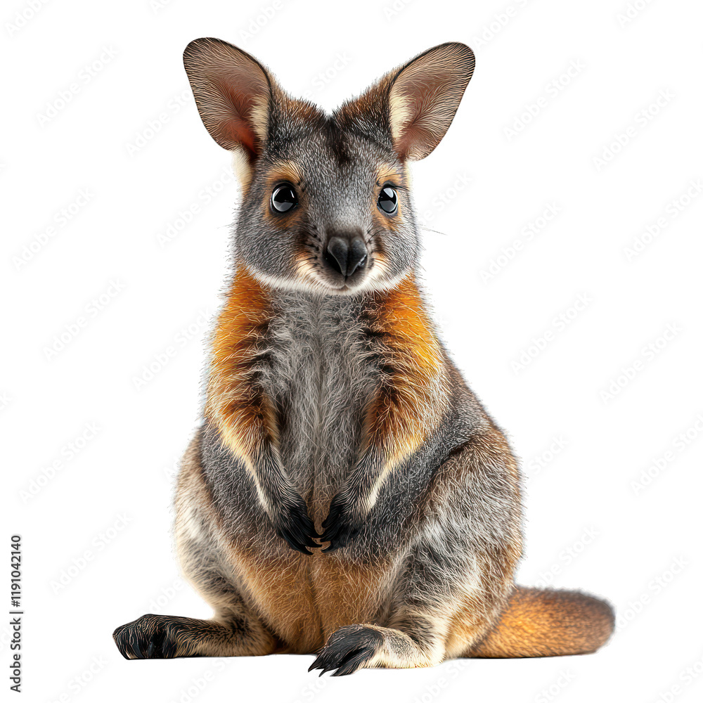 Obraz premium A cute wallaby sitting upright, showcasing its fluffy fur and ears.