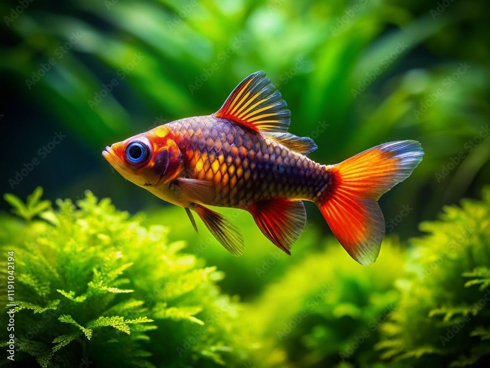 Silhouette of Tropical Fish in Aquarium with Green Algae