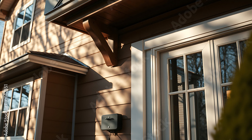 Captivating Home Exterior: Architectural Details and Warm Sunlight. Discover the charm of this stunning house design, showcasing elegant features and inviting ambiance. photo