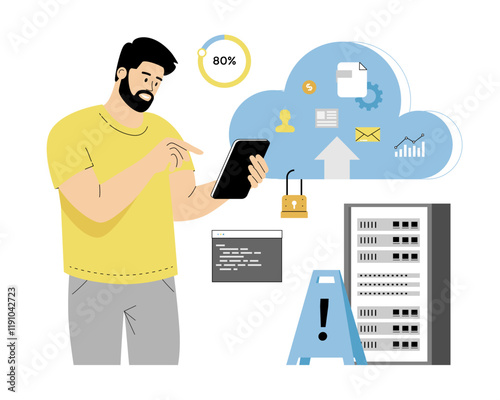 Cloud computing concept. Man using cloud processing, making sync and data backup with online files storage, sharing and download. Vector illustration on isolated white background.	
