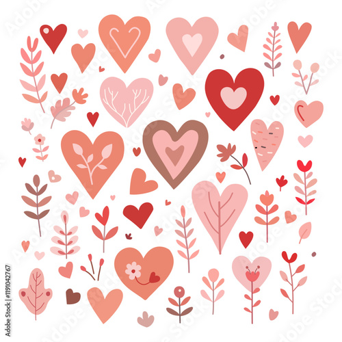 Set of abstract hearts, flowers and leaves, colored, Valentine's day,